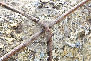 Old reinforced concrete wall without concrete cover due oxidation with damaged and rusty metallic reinforcement