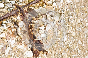 Old reinforced concrete wall without concrete cover protection due oxidation with damaged and rusty metallic reinforcement