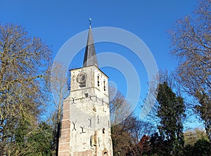 Old renovated bell tower in Muizen-Mechelen, Belgium, remains of the church of Saint-Lambert after bombardment in ww2