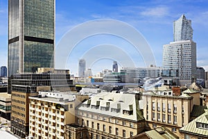 Old residences and modern office buildings at Warsaw