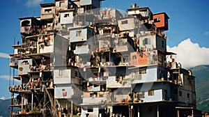 Old residential buildings in the city of Rio de Janeiro, Brazil. Favela da Rocinha, the Biggest Slum, Shanty Town, in Latin