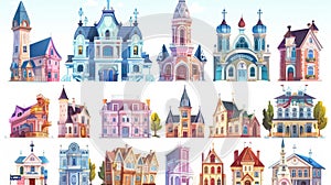 Old residential and government buildings, churches, Victorian houses on an isolated white background reminiscent of the