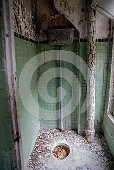 Old rest room with toilet at the abandoned building in the Chernobyl ghost town
