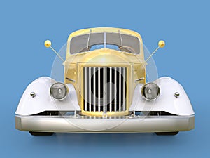Old restored pickup. Pick-up in the style of hot rod. 3d illustration. Golden-white car on a blue background.
