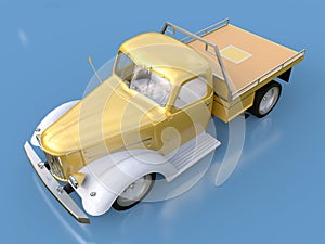 Old restored pickup. Pick-up in the style of hot rod. 3d illustration. Golden-white car on a blue background.