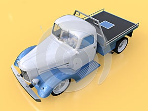 Old restored pickup. Pick-up in the style of hot rod. 3d illustration. White and blue car on a yellow background.