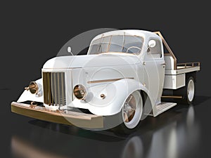 Old restored pickup. Pick-up in the style of hot rod. 3d illustration. White car on a black background.