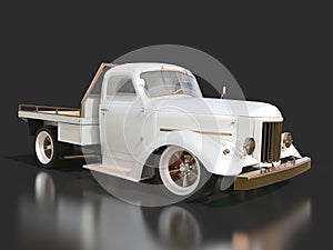 Old restored pickup. Pick-up in the style of hot rod. 3d illustration. White car on a black background.