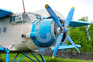 Old retro airplane on green grass