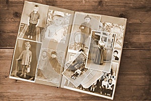 Old retro album with vintage monochrome photographs in sepia color, the concept of genealogy, the memory of ancestors, family ties