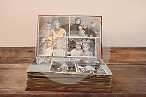 Old retro album with vintage monochrome photographs in sepia color, the concept of genealogy, the memory of ancestors, family ties photo