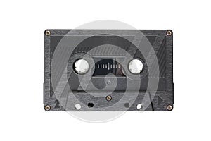 Old retro audio cassette for a tape recorder, isolated on white background, vintage 80`s music concept, music from yesteryear