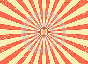 Old retro background with rays and explosion imitation. Vintage starburst pattern with bristle texture. Circus style