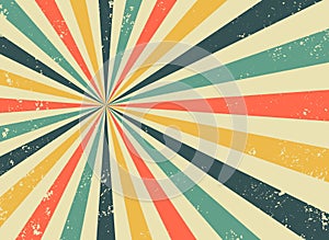 Old retro background with rays and explosion imitation. Vintage starburst pattern with bristle texture. Circus style