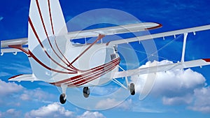 Old retro bi plane fly in the clouds.