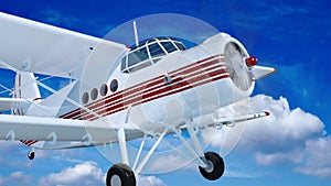 Old retro bi plane fly in the clouds.