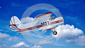 Old retro bi plane fly in the clouds.