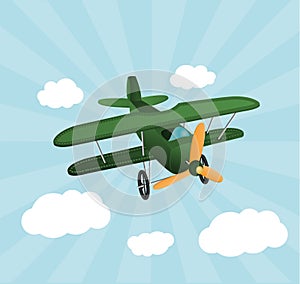 Green cartoon plane flying over sky with clouds. Old retro biplane designed for poster printing. Model aircraft, two wings