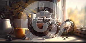 An old retro camera with a lens on a table by the window. AI generated