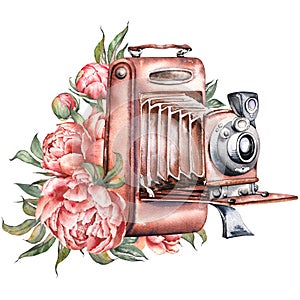Old retro camera and peony flower arrangement. Watercolor illustration.