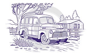 Old retro car near the farm vector linear illustration for Coloring pages