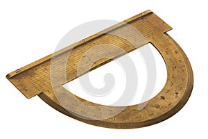 old retro circle brass protractor isolated on white