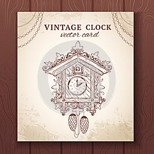 Old retro cuckoo clock card vector design illustration