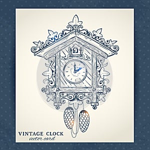 Old retro cuckoo clock postcard