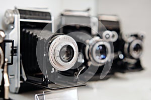 Old retro film analogue cameras collection. Group of Old Retro Analog Photo Cameras