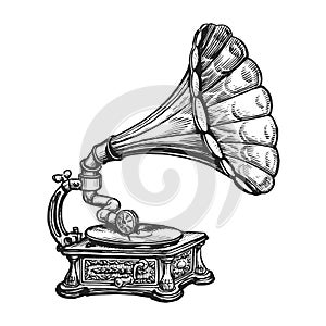 Old retro gramophone with vinyl record. Phonograph, vintage music player. Musical instrument drawn in engraving style