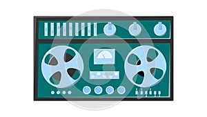 Old retro green vintage music cassette tape recorder with magnetic tape babbin on reels and speakers from the 70s, 80s, 90s.