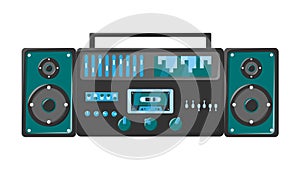 Old retro green vintage music cassette tape recorder with magnetic tape on reels and speakers from the 70s, 80s, 90s. Beautiful