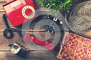 Old retro items on wooden table