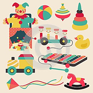 Old retro kid toys and circus carnivals object flat icon design