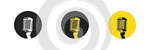 Old retro microphone. Icon podcast on round frame. Yellow and black mic symbol. Vector isolated illustration