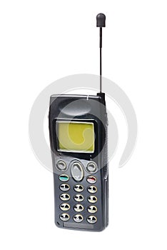 Old retro mobile phone with antenna isolated on white background.