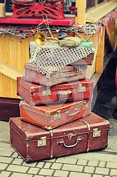 Old retro objects antique a lot of luggage valise suitcases