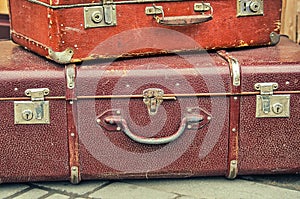 Old retro objects antique a lot of luggage valise suitcases