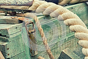 Old retro objects antique textural background wooden crates and ropes