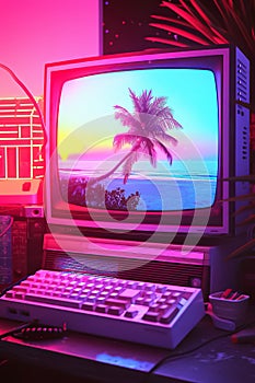 old retro personal computer with vintage CRT display, obsolete old-fashioned pc with keyboard and screen, in style of