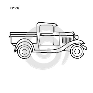 Old retro pickup truck vector illustration. Vintage transport vehicle line art