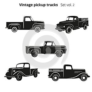 Old retro pickup trucks vector illustration set. Vintage transport vehicle