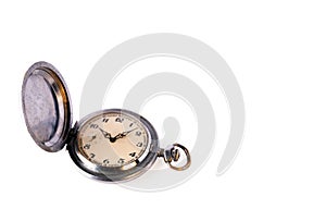 Old retro pocket watch with scratches isolated on a white background. Copy space. Object for design on the theme of time