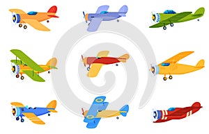 Old retro propeller planes. Airplanes for flight in the sky among the clouds. Vector illustration