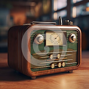 Old retro radio with green eye light on table front gradient background.