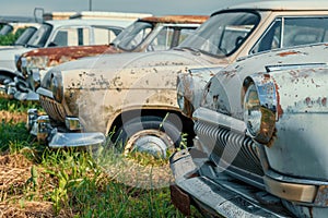 Old retro rusty abandoned cars in high green grass, cemetery of vintage autos