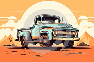 Old retro rusty american muscle pick up truck vector illustration
