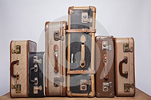 Old, retro, suitcases lie on the table with white background