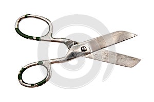 Old retro tailor`s scissors on a white background. Scissors for the work of a seamstress or fashion designer