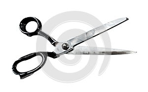 Old retro tailor`s scissors on a white background. Scissors for the work of a seamstress or fashion designer